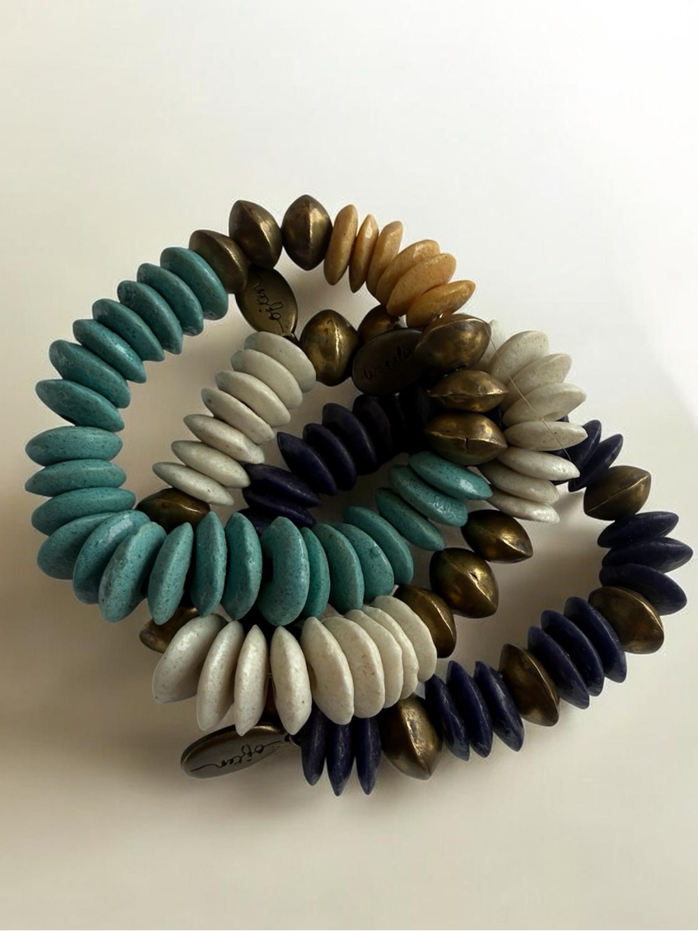 Often Wander Disc Bead Brass Stretch Bracelet Stack Set Lot 3 Boho